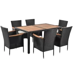 7pc Outdoor Wicker Dining Set With Acacia Wood Tabletop & Cushions - Beige - GODEER -Outdoor Garden GUEST 8dca7f8e 8793 4e8f b73f 3a631df30274