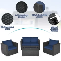 Costway 4PCS Patio Rattan Furniture Set Cushioned Sofa Loveseat With Navy & Turquoise Cover -Outdoor Garden GUEST 934215bb 4e87 4218 bb07 1df32fd7597e