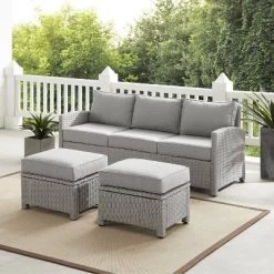 Bradenton 3pc Outdoor Wicker Sofa & 2 Ottoman Set - Gray/Gray - Crosley