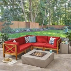 Brava 7pc Acacia Sectional Sofa Set With Fire Pit - Christopher Knight Home -Outdoor Garden GUEST 97012b68 4797 4c56 a4a9 ff46a0bcf60a