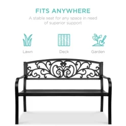 Best Choice Products Outdoor Steel Bench Garden Patio Porch Furniture W/ Floral Design Backrest, Slatted Seat