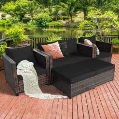 Costway 5PCS Patio Rattan Furniture Set Loveseat Sofa Ottoman Cushioned RedWhite -Outdoor Garden GUEST 9b33ed2c e015 47b2 85d4 74924337702e