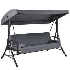 Costway Patio 3-Seat Porch Canopy Swing Converting Grey Cushion Pillow Adjust