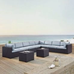 Biscayne 7pc Outdoor Wicker Sectional Set With 2 Coffee Tables - Sangria - Crosley