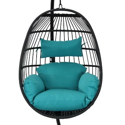 Sunnydaze Decor Sunnydaze Outdoor Resin Wicker Patio Dalia Hanging Basket Egg Chair With Cushions, Headrest, And Steel Stand Set - Teal - 3pc 8 Sunnydaze Decor Sunnydaze Outdoor Resin Wicker Patio Dalia Hanging Basket Egg Chair With Cushions, Headrest, And Steel Stand Set - Teal - 3pc - Image 8