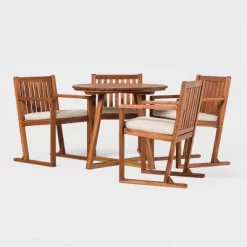 Saracina Home 5pc Modern Slatted Acacia Outdoor Dining Set With Round Table -Outdoor Garden GUEST 9d726d02 3bf0 4f04 9439 6de7c83b7e6c