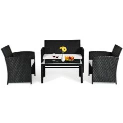 Costway 4PCS Patio Rattan Furniture Set Table &Sofa W/Cushion Garden Black