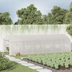 Outsunny Walk-In Greenhouse Tunnel, Large Gardening Plant Hot House With 12 Windows And Zipper Doors For Outdoor, Backyard