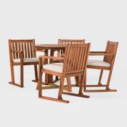 Saracina Home 5pc Modern Slatted Acacia Outdoor Dining Set With Round Table -Outdoor Garden GUEST 9ed234b4 a32f 4569 b4c3 c06ec5fe0cf4