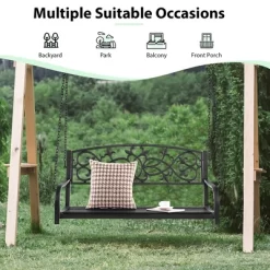 Costway 2-Person Metal Outdoor Porch Swing Hanging Patio Bench 485 Lbs Capacity BlackBrown -Outdoor Garden GUEST a30ecb6c 2342 447a be3c 1606ed1b5ec9