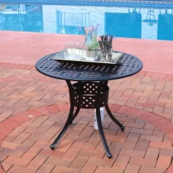 Sunnydaze Decor Sunnydaze Round Lattice Design Cast Aluminum Outdoor Patio Table With Umbrella Hole, Black -Outdoor Garden GUEST a3bdb0a3 72a4 40cb bc4a 50978c29cc9b