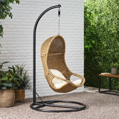 Ripley Outdoor Wicker Hanging Chair With Stand - Light Brown/Beige - Christopher Knight Home 1 Ripley Outdoor Wicker Hanging Chair With Stand - Light Brown/Beige - Christopher Knight Home