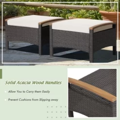 Costway Set Of 2 Patio Rattan Ottoman Footrest Cushions Wooden Handle Off WhiteBrownRedNavy -Outdoor Garden GUEST a68995dd 1380 45b3 a77a c86457250a3f