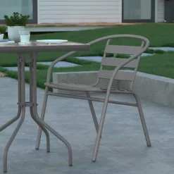 Emma And Oliver 23.5'' Square Glass Top Metal Table With 2 Aluminum Slat Stack Chairs 17 Emma And Oliver 23.5'' Square Glass Top Metal Table With 2 Aluminum Slat Stack Chairs -Outdoor Garden GUEST a7778e61 1454 412f 8325 61d68859915f