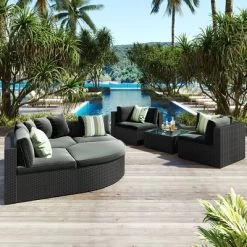 7pc Wicker Patio Seating Set With Cushions & Striped Pillows - Gray - GODEER