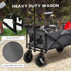 Outsunny Collapsible Wagon, Graden Carts With Wheels, Adjustable Handle, Folding Table And Cup Holders, Dark Gray -Outdoor Garden GUEST a82e1ba0 5efd 460b 8260 8628e4052490