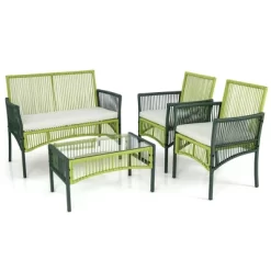 Costway 4PCS/8PCS Patio Round Wicker Conversation Set With Cushions Tempered Glass Side Table -Outdoor Garden GUEST a9b999a4 536f 4fd3 a50d 5055f1f29b6c