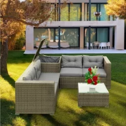 4pc Wicker Patio Seating Set With Cushions - Gray - GODEER -Outdoor Garden GUEST aa6d1a3d 175f 435d 9cca b90ceeefe73a
