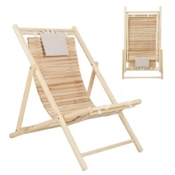 Costway Patio Outdoor Adjustable Folding Wood Sling Chair Reclining Lounge Assembly Free -Outdoor Garden GUEST aa9becc6 17c3 458a bc20 7b91cd40ba99