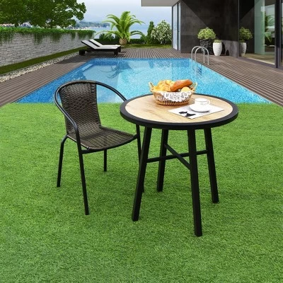 Costway 29'' Patio Round Bistro Metal Table Wood-Like Top Garden Deck Backyard 1 Costway 29'' Patio Round Bistro Metal Table Wood-Like Top Garden Deck Backyard