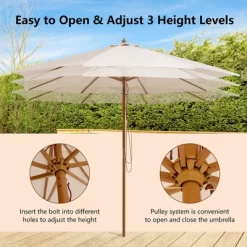 10FT Patio Wooden Market Table Umbrella Pulley W/8 Bamboo Ribs Sunshade Canopy -Outdoor Garden GUEST aae8942d 6623 4b1d 91ed 61fd21097ea8
