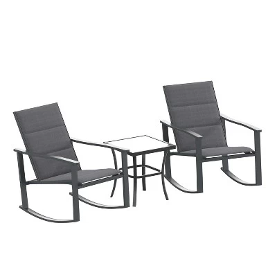 Merrick Lane 3 Piece Outdoor Bistro Set With Flex Comfort Rocking Chairs And Steel Framed Glass Top Table 3 Merrick Lane 3 Piece Outdoor Bistro Set With Flex Comfort Rocking Chairs And Steel Framed Glass Top Table - Image 3