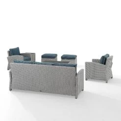 Bradenton 7pc Outdoor Wicker Sofa And Arm Chair Seating Set With Coffee Table, Side Table And 2 Ottomans - Navy/Gray - Crosley -Outdoor Garden GUEST ac282453 f7b6 4749 a0ab f5bb510c98fa