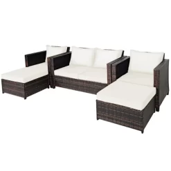 Costway 5PCS Patio Rattan Furniture Set Loveseat Sofa Ottoman Cushioned RedWhite -Outdoor Garden GUEST b10deafa aa39 4e04 a0a4 5efbf8bae63d