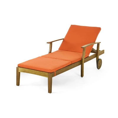 Perla 3pc Outdoor Acacia Wood Chaise Lounge Set With Cushions - Teak/Orange - Christopher Knight Home 2 Perla 3pc Outdoor Acacia Wood Chaise Lounge Set With Cushions - Teak/Orange - Christopher Knight Home - Image 2