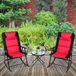 Costway 3 PCS Outdoor Folding Rocking Chair Table Set Bistro Sets Patio Furniture Red -Outdoor Garden GUEST b55837da 90cf 4b55 b1a5 503e0c7ba96e