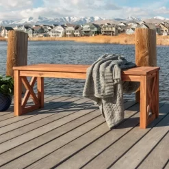 53" Slatted Acacia Wood X-Frame Patio Bench Brown - Saracina Home 7 53" Slatted Acacia Wood X-Frame Patio Bench Brown - Saracina Home -Outdoor Garden GUEST b693a23e 6fc7 41fe 8ad1 80ccc722306b