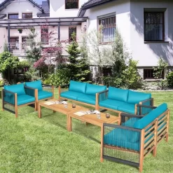 Costway 8PCS Wooden Patio Furniture Set Cushioned Sofa W/Rope Armrest WhiteTurquoiseRed -Outdoor Garden GUEST b6961b49 f9a9 478d 8667 7c07bc04adba