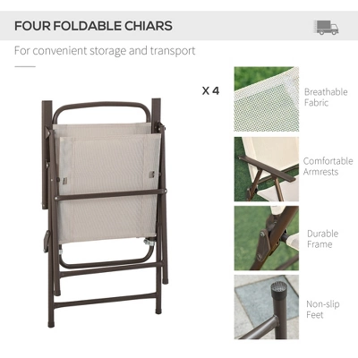 Outsunny 6 Piece Patio Dining Set For 4 With Umbrella, 4 Folding Dining Chairs & Round Glass Table For Garden, Backyard And Poolside 4 Outsunny 6 Piece Patio Dining Set For 4 With Umbrella, 4 Folding Dining Chairs & Round Glass Table For Garden, Backyard And Poolside - Image 4