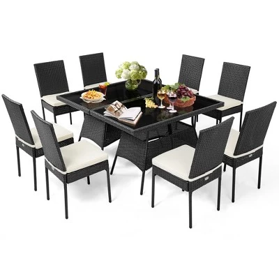Costway 10PCS Patio Rattan Dining Set Cushioned Chair Table With Glass Top Garden Furniture 3 Costway 10PCS Patio Rattan Dining Set Cushioned Chair Table With Glass Top Garden Furniture - Image 3