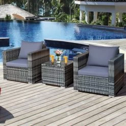 Tangkula 3-Piece Patio Wicker Conversation Set Bistro Rattan Sofa Chair With Washable Cushion Gray