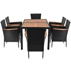 7pc Outdoor Wicker Dining Set With Acacia Wood Tabletop & Cushions - Beige - GODEER -Outdoor Garden GUEST bb60a3f3 7c39 44c4 b54d e48e87093a64