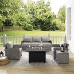 Bradenton 5pc Wicker Sofa Set With Fire Table - Gray - Crosley -Outdoor Garden GUEST bba66112 7660 4a20 9515 3e097679badd