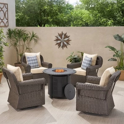 Amaya 5pc Outdoor 4 Wicker Swivel Chair & Fire Pit Set - Dark Brown/Beige/Matte Black - Christopher Knight Home 1 Amaya 5pc Outdoor 4 Wicker Swivel Chair & Fire Pit Set - Dark Brown/Beige/Matte Black - Christopher Knight Home