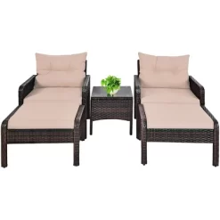 Costway 5 PCS Rattan Wicker Furniture Set Sofa Ottoman W/Brown Cushion Patio Garden Yard -Outdoor Garden GUEST bd8a6549 de11 4872 aaa7 c19a00592b44