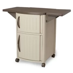 Suncast DCP2000 Portable Outdoor Resin Patio Grilling Entertainment Serving Prep Station Table With Cabinet Storage And Drop Leaf Extensions, Beige