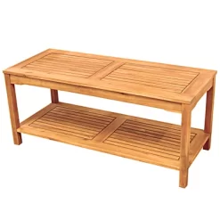Ravenscroft Modern Boho Acacia Wood Slatted Outdoor Coffee Table With Lower Shelf - Saracina Home -Outdoor Garden GUEST bdd5c607 f53e 4336 9432 64642f554cfa