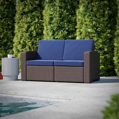 Flash Furniture Seneca Faux Rattan Loveseat With All-Weather Cushions 1 Flash Furniture Seneca Faux Rattan Loveseat With All-Weather Cushions