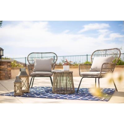 Barton 3PCS Outdoor Patio Wicker Chat Conversation Bistro Chairs And Side Table With Cushion Seat, Light Grey/Beige 1 Barton 3PCS Outdoor Patio Wicker Chat Conversation Bistro Chairs And Side Table With Cushion Seat, Light Grey/Beige