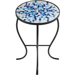 Teal Island Designs Modern Black Round Outdoor Accent Side Table 14" Wide Multi Blue Mosaic Tabletop For Front Porch Patio House Balcony -Outdoor Garden GUEST c2563349 0afc 4291 ba6e a5b8e16a79e6