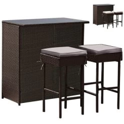 Costway Patio 3PCS Rattan Bar Table Stool Set Cushioned Chairs With Cover