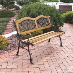Sunnydaze Decor Sunnydaze 2-Person Ivy Crossweave Design Cast Iron And Wood Frame Outdoor Garden Bench -Outdoor Garden GUEST c3700976 4d7f 4f03 84b6 dc2b11f46b52