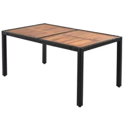 7pc Outdoor Wicker Dining Set With Acacia Wood Tabletop & Cushions - Beige - GODEER -Outdoor Garden GUEST c3a0bf25 fdee 44e9 83f8 f1a82a1cefc6