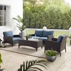 Kiawah 4pc Outdoor Wicker Conversation Set With Sofa, Arm Chairs & Coffee Table Blue - Crosley -Outdoor Garden GUEST c41b752f feb5 467b a363 f8f903959316