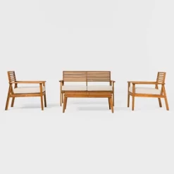 Saracina Home 4pc Mid-Century Modern Slatted Acacia Outdoor Patio Conversation Furniture Set -Outdoor Garden GUEST c4d7d1d2 081c 481c b87f 5213fd61bac6