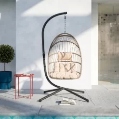 Merrick Lane Riley Foldable Woven Hanging Egg Chair With Removable Cushion And Stand For Indoor And Outdoor Use -Outdoor Garden GUEST cb4030f4 b0da 4e93 a555 80c273dbde37